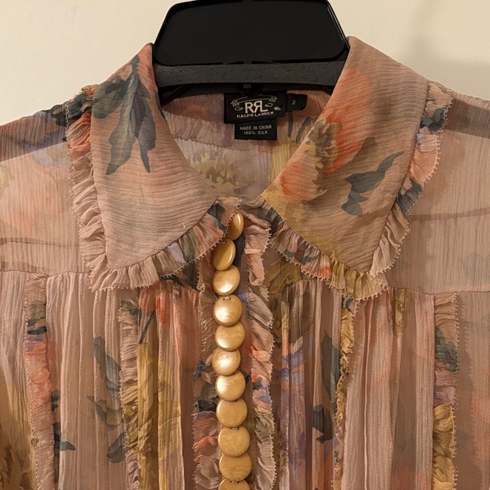 Ralph Lauren Double RL Sheer Floral Blouse in Pink and Tan